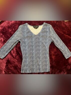 Tess Studio Blue & White Textured Abstract V-Neck Long Sleeve Top S
